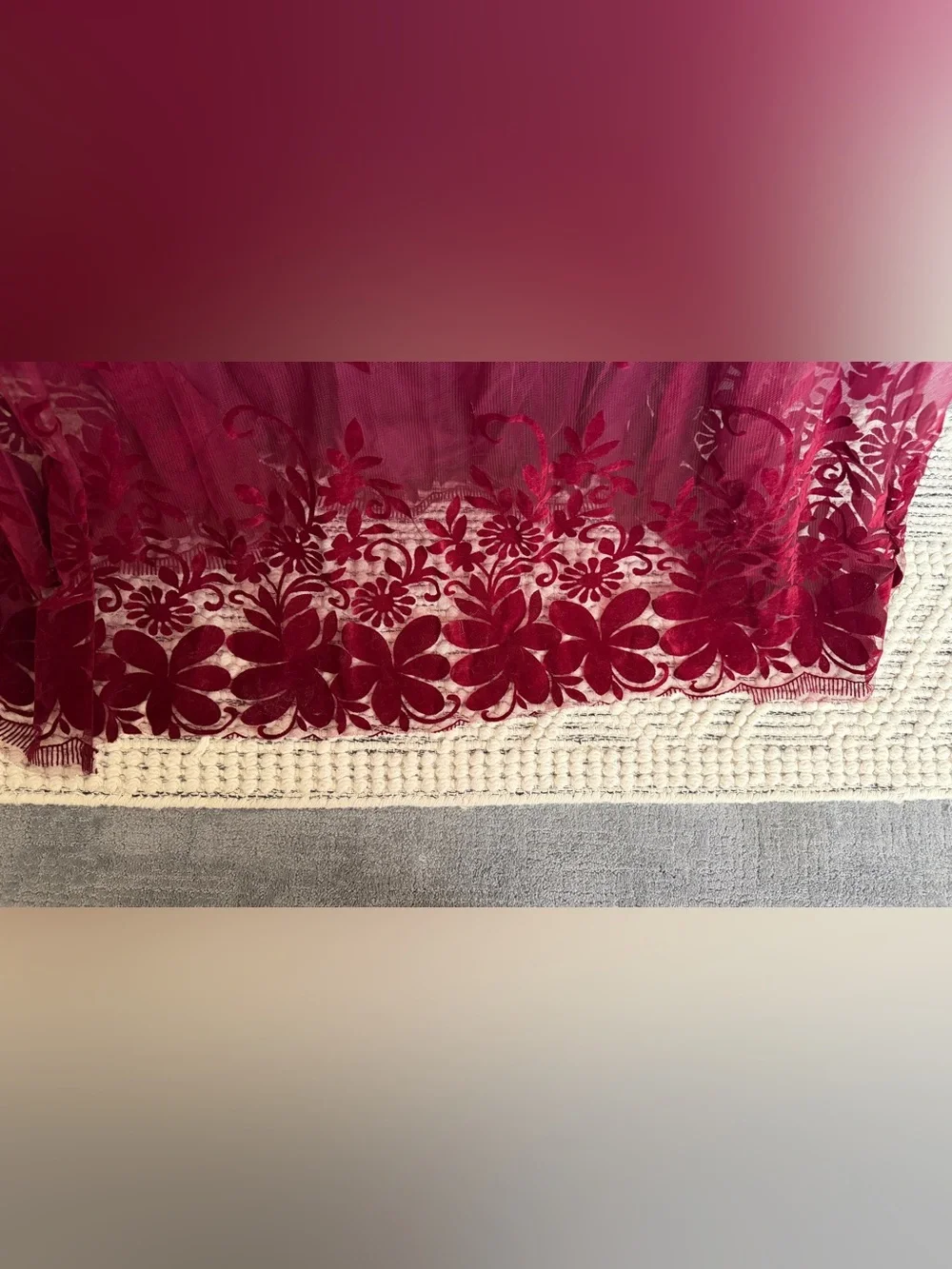 Windsor Burgundy Flocked Velvet Floral Tulle Maxi Gown Dress